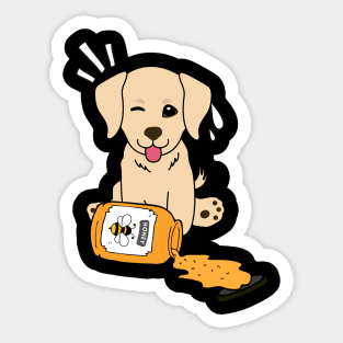 Naughty golden retriever spilled a jar of honey Sticker